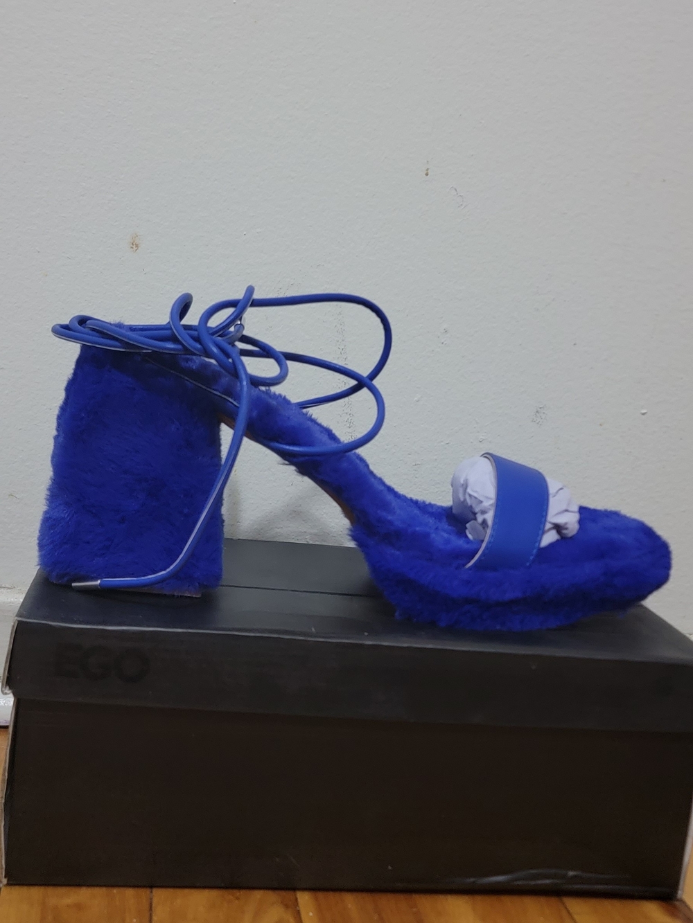 EGO Cobalt Blue Faux-Fur Lace-Up Block Heel Sandal